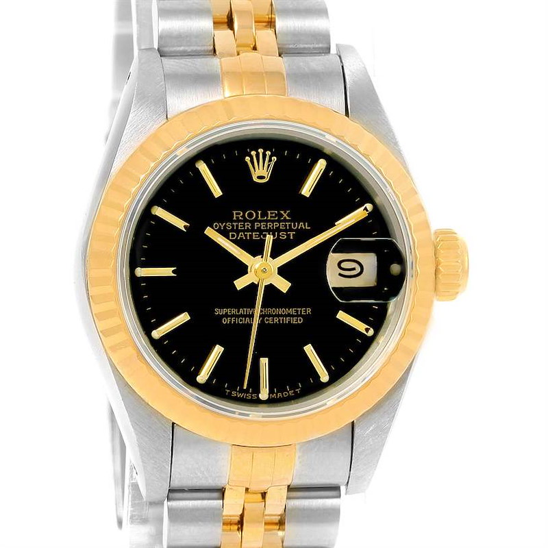 Rolex Datejust Ladies Steel 18k Yellow Gold Black Dial Watch 69173 SwissWatchExpo