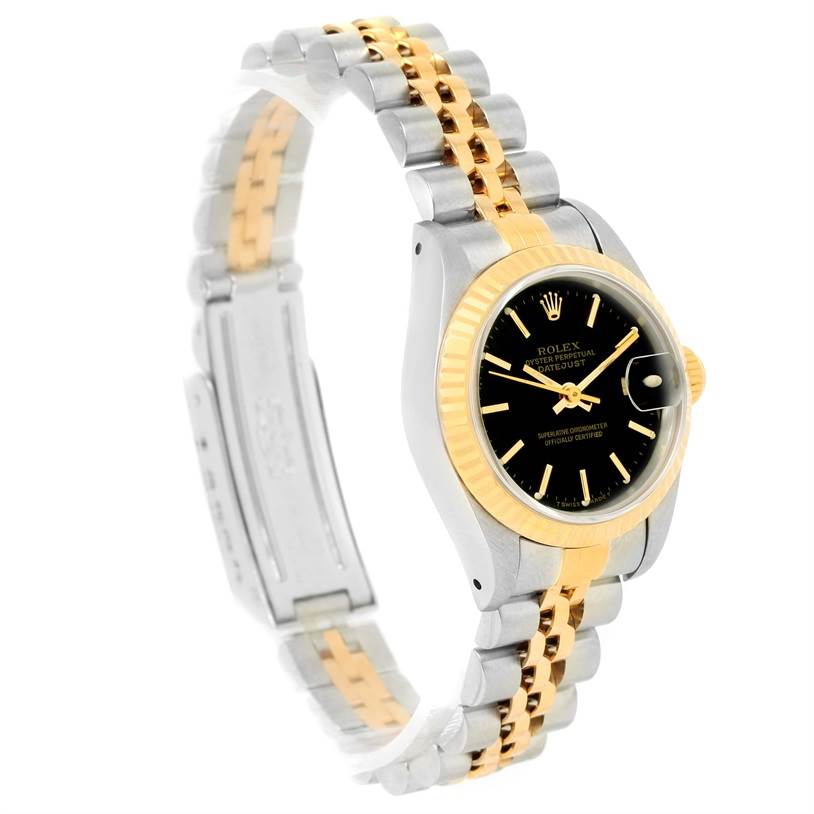 The image shows a side view of a Rolex Datejust 69173 Women's Stainless Steel Black Dial 69173 Women's Stainless Steel Black Dial watch, highlighting the face, bezel, and bracelet.