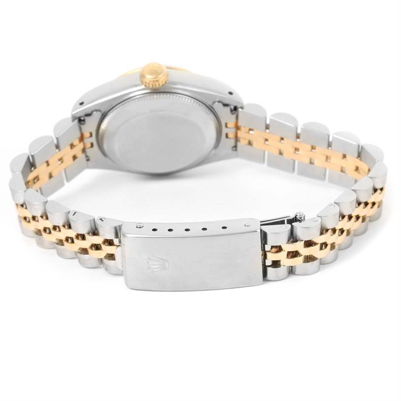 The image shows the back, clasp, and bracelet of a Rolex Datejust 69173 Women's Stainless Steel Black Dial 69173 Women's Stainless Steel Black Dial watch in a two-tone metal finish.