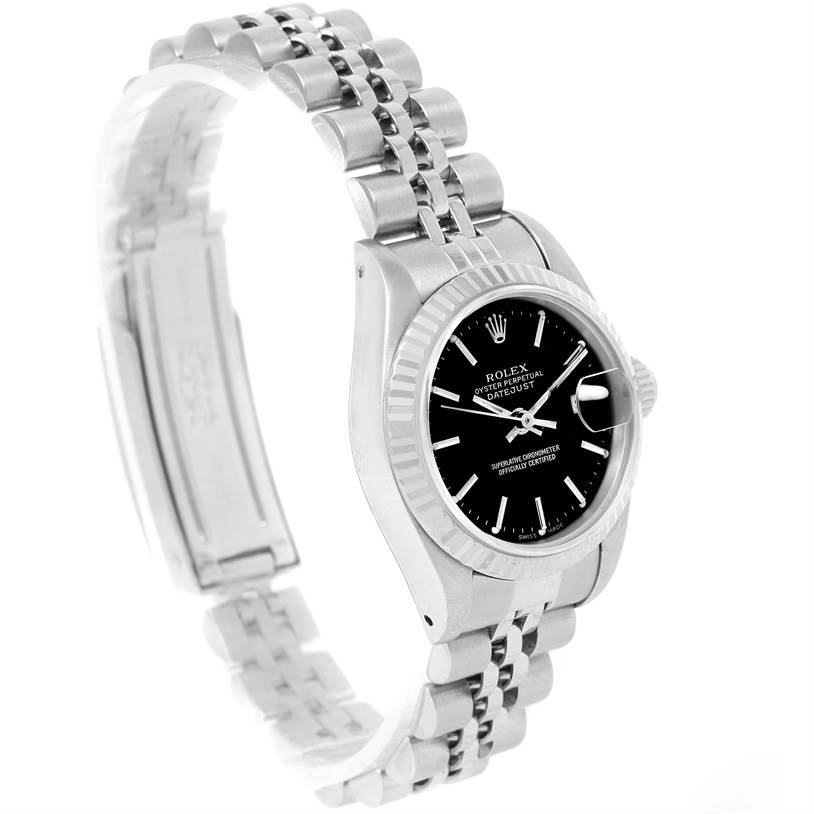 This image shows a side view of a Rolex Datejust 69174 Women's Stainless Steel Black Dial 69174 Women's Stainless Steel Black Dial watch, highlighting the bracelet, case, and dial.