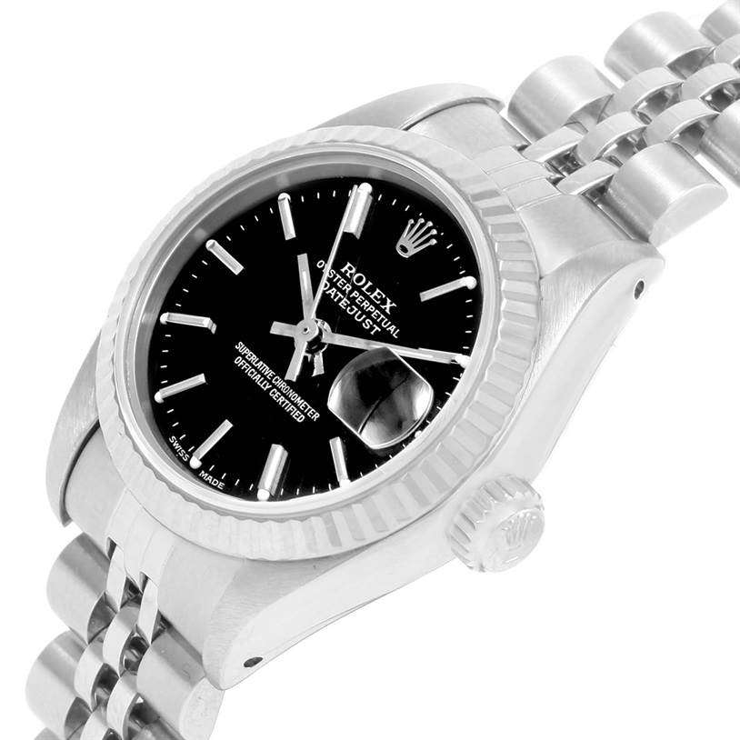 This image shows a Rolex Datejust 69174 Women's Stainless Steel Black Dial 69174 Women's Stainless Steel Black Dial watch at a three-quarter angle, displaying the face, crown, case, and part of the bracelet.