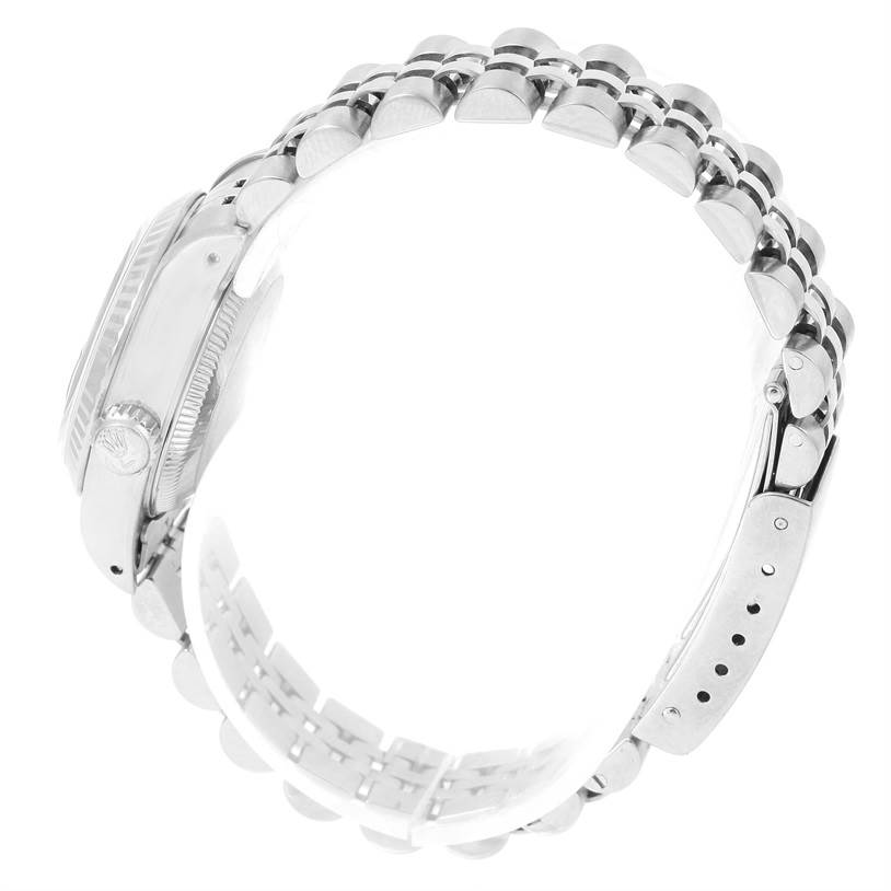 This image shows a side view of the Rolex Datejust 69174 Women's Stainless Steel Black Dial 69174 Women's Stainless Steel Black Dial watch focusing on the bracelet and clasp.