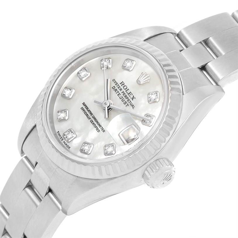 This image shows a close-up angled view of the Rolex Datejust 79174 Women's Stainless Steel Mother of Pearl Dial 79174 Women's Stainless Steel Mother of Pearl Dial watch, highlighting the face, bezel, crown, and part of the bracelet.