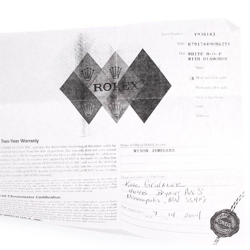 The image shows warranty documentation for a Rolex Datejust 79174 Women's Stainless Steel Mother of Pearl Dial 79174 Women's Stainless Steel Mother of Pearl Dial watch model, indicating style, dial, and materials used.