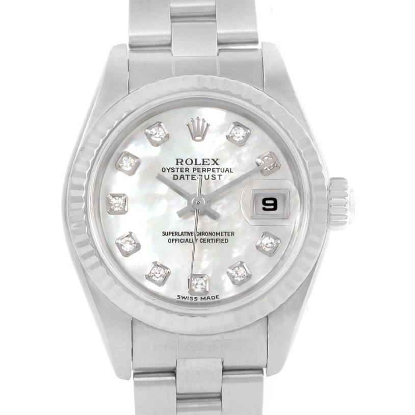 The image shows a front view of a Rolex Datejust 79174 Women's Stainless Steel Mother of Pearl Dial 79174 Women's Stainless Steel Mother of Pearl Dial watch, displaying its face, bezel, and part of its bracelet.