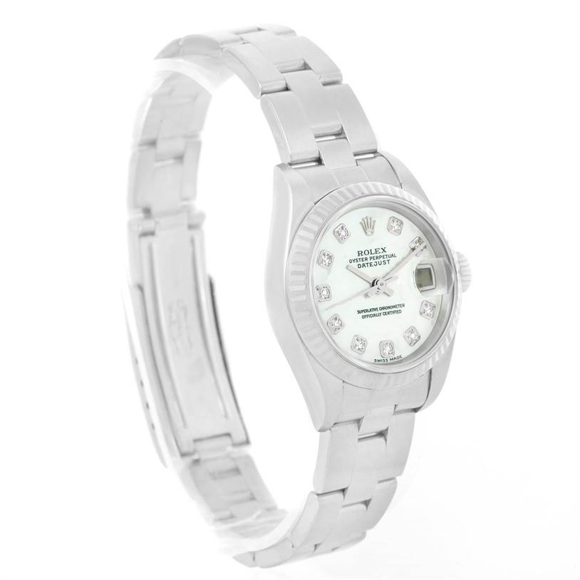 This image shows a Rolex Datejust 79174 Women's Stainless Steel Mother of Pearl Dial 79174 Women's Stainless Steel Mother of Pearl Dial watch at a three-quarter angle, featuring the face, bezel, case, and part of the bracelet.