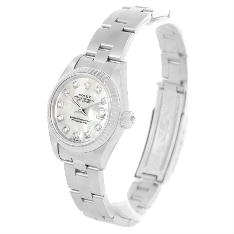 This Rolex Datejust 79174 Women's Stainless Steel Mother of Pearl Dial 79174 Women's Stainless Steel Mother of Pearl Dial watch is shown at a three-quarter angle, displaying the face, bezel, bracelet, and clasp.