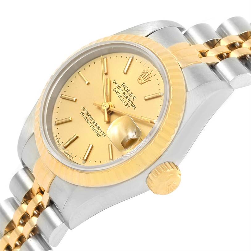 This image shows a side view of a Rolex Datejust 69173 Women
s Stainless Steel Champagne Dial 69173 Women
s Stainless Steel Champagne Dial watch, highlighting its gold dial, crown, and two-tone bracelet.
