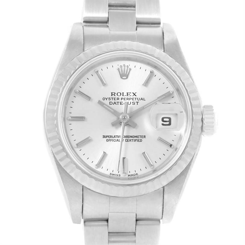 This image shows a front view of a Rolex Datejust 79174 Women
s Stainless Steel Silver Dial 79174 Women
s Stainless Steel Silver Dial watch, highlighting the face, bezel, and part of the bracelet.