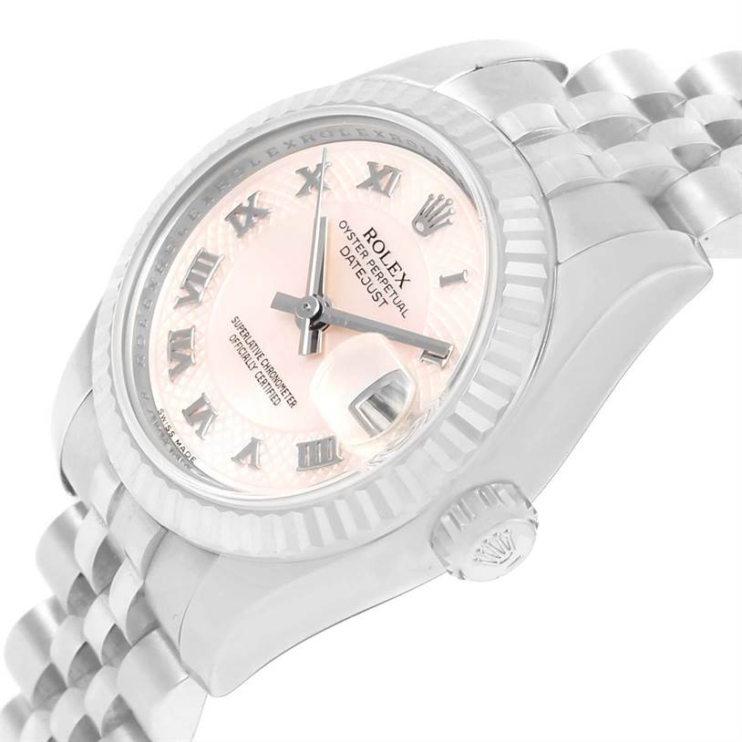 The image shows a slight side angle of a Rolex Datejust 179174 Women's Stainless Steel Mother of Pearl Dial 179174 Women's Stainless Steel Mother of Pearl Dial watch, highlighting the face, fluted bezel, crown, and bracelet.