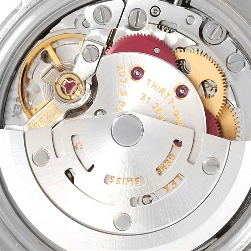 The image shows a close-up of the movement mechanism inside a Rolex Datejust 179174 Women's Stainless Steel Mother of Pearl Dial 179174 Women's Stainless Steel Mother of Pearl Dial watch.