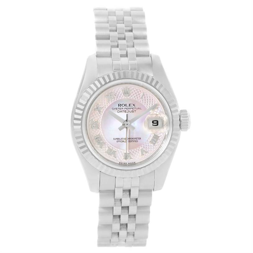 This image shows a front view of a Rolex Datejust 179174 Women's Stainless Steel Mother of Pearl Dial 179174 Women's Stainless Steel Mother of Pearl Dial watch, displaying the dial, bracelet, and date window.