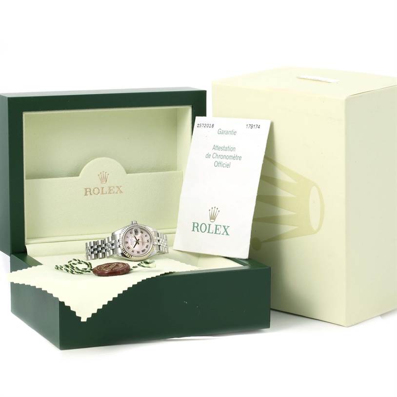 The image shows a Rolex Datejust 179174 Women's Stainless Steel Mother of Pearl Dial 179174 Women's Stainless Steel Mother of Pearl Dial watch in its open box, along with warranty papers and accessories.