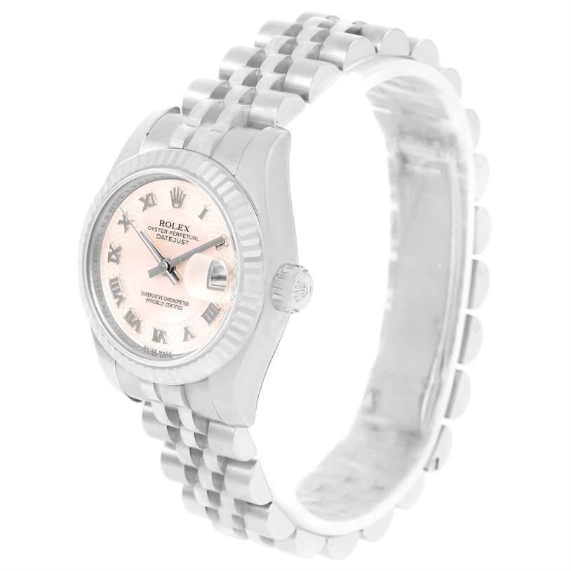 This image displays a Rolex Datejust 179174 Women's Stainless Steel Mother of Pearl Dial 179174 Women's Stainless Steel Mother of Pearl Dial watch at a three-quarter angle, showcasing the dial, bezel, crown, and bracelet.