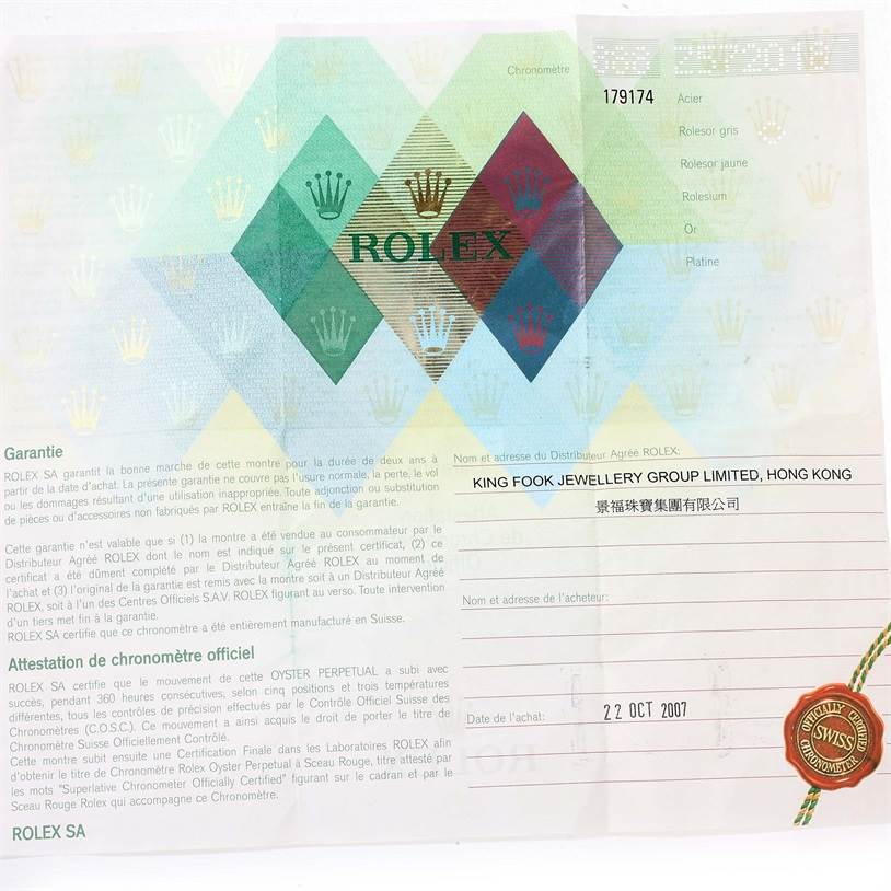 The image shows a guarantee certificate for a Rolex Datejust 179174 Women's Stainless Steel Mother of Pearl Dial 179174 Women's Stainless Steel Mother of Pearl Dial watch, including warranty details and purchase date.