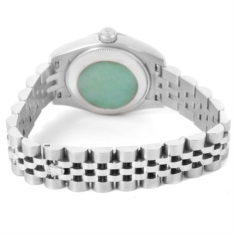 This image shows the back case and bracelet of a Rolex Datejust 179174 Women's Stainless Steel Mother of Pearl Dial 179174 Women's Stainless Steel Mother of Pearl Dial watch from a rear angle.