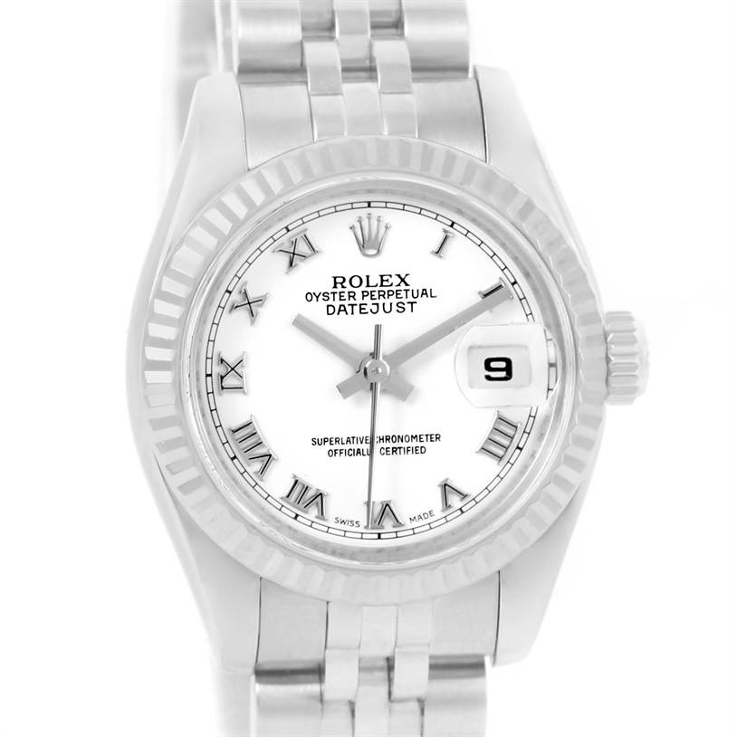 This image shows a front view of a Rolex Datejust 179174 Women
s Stainless Steel White Dial 179174 Women
s Stainless Steel White Dial watch, highlighting the dial, bezel, and part of the bracelet.