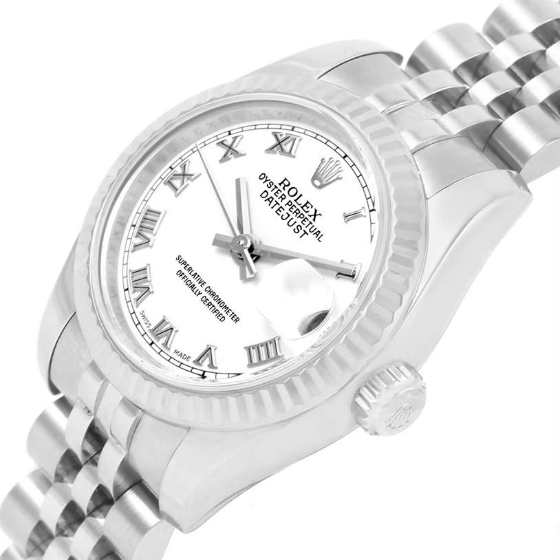 The image shows a close-up side angle of a Rolex Datejust 179174 Women
s Stainless Steel White Dial 179174 Women
s Stainless Steel White Dial watch, highlighting the bezel, dial, crown, and part of the bracelet.