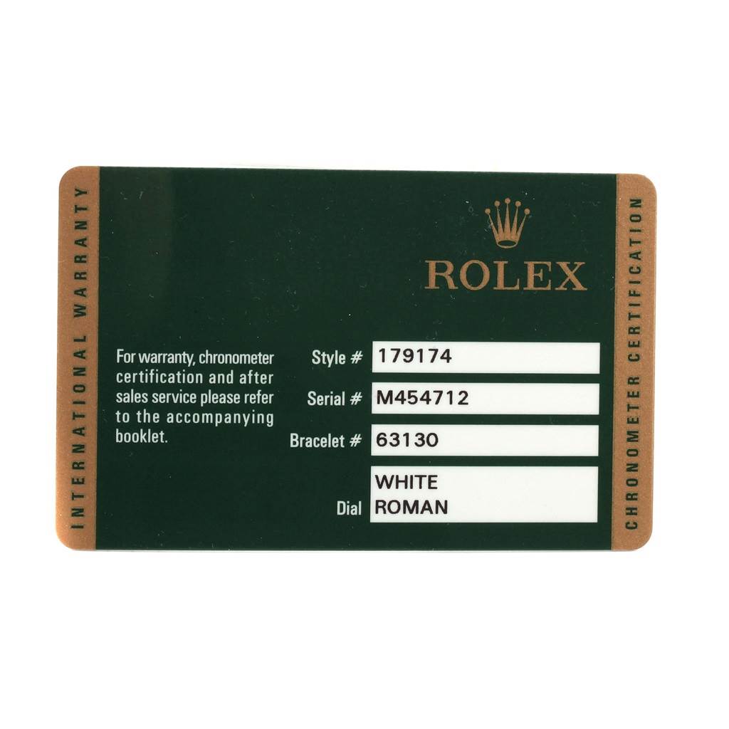 This is the warranty card for a Rolex Datejust 179174 Women
s Stainless Steel White Dial 179174 Women
s Stainless Steel White Dial watch, displaying style, serial, bracelet numbers, and dial information.