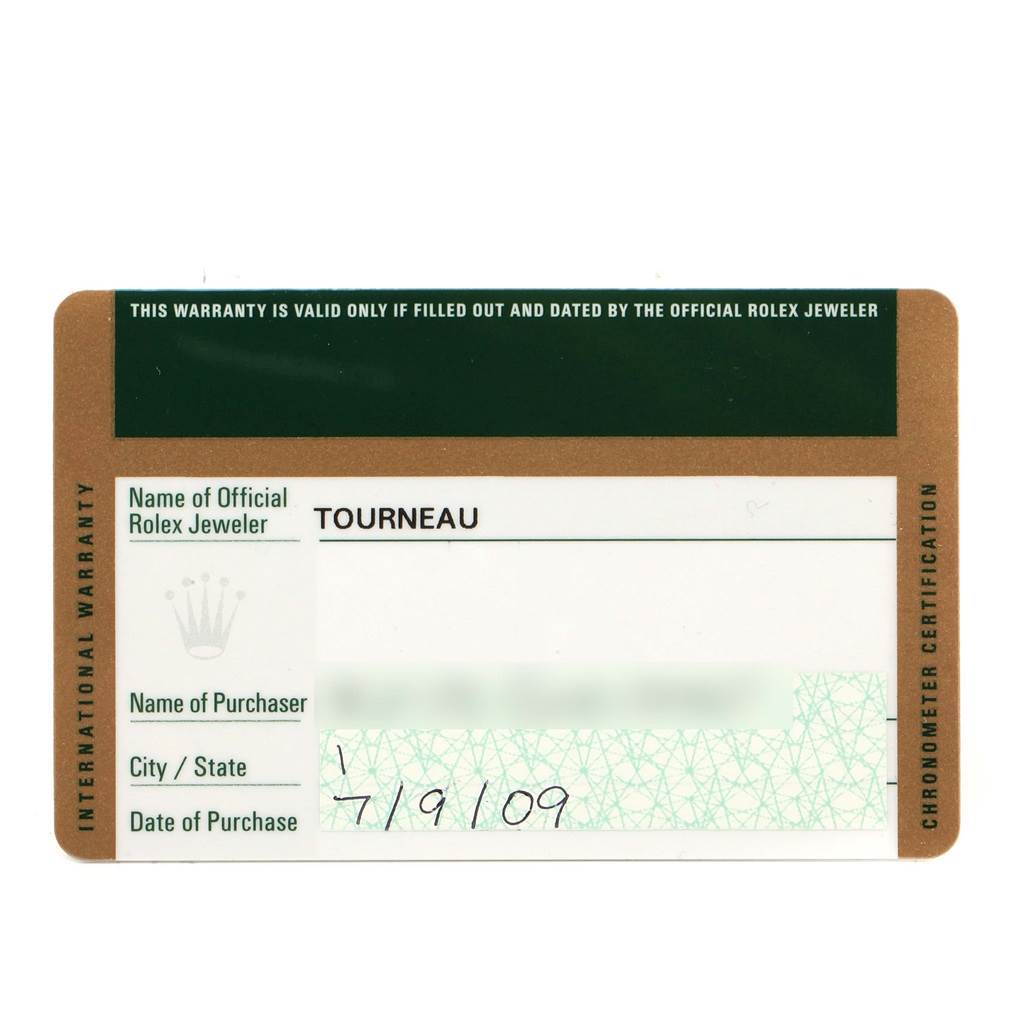 This image shows a warranty card for a Rolex Datejust 179174 Women
s Stainless Steel White Dial 179174 Women
s Stainless Steel White Dial watch, including details like the name of the jeweler and the date of purchase.