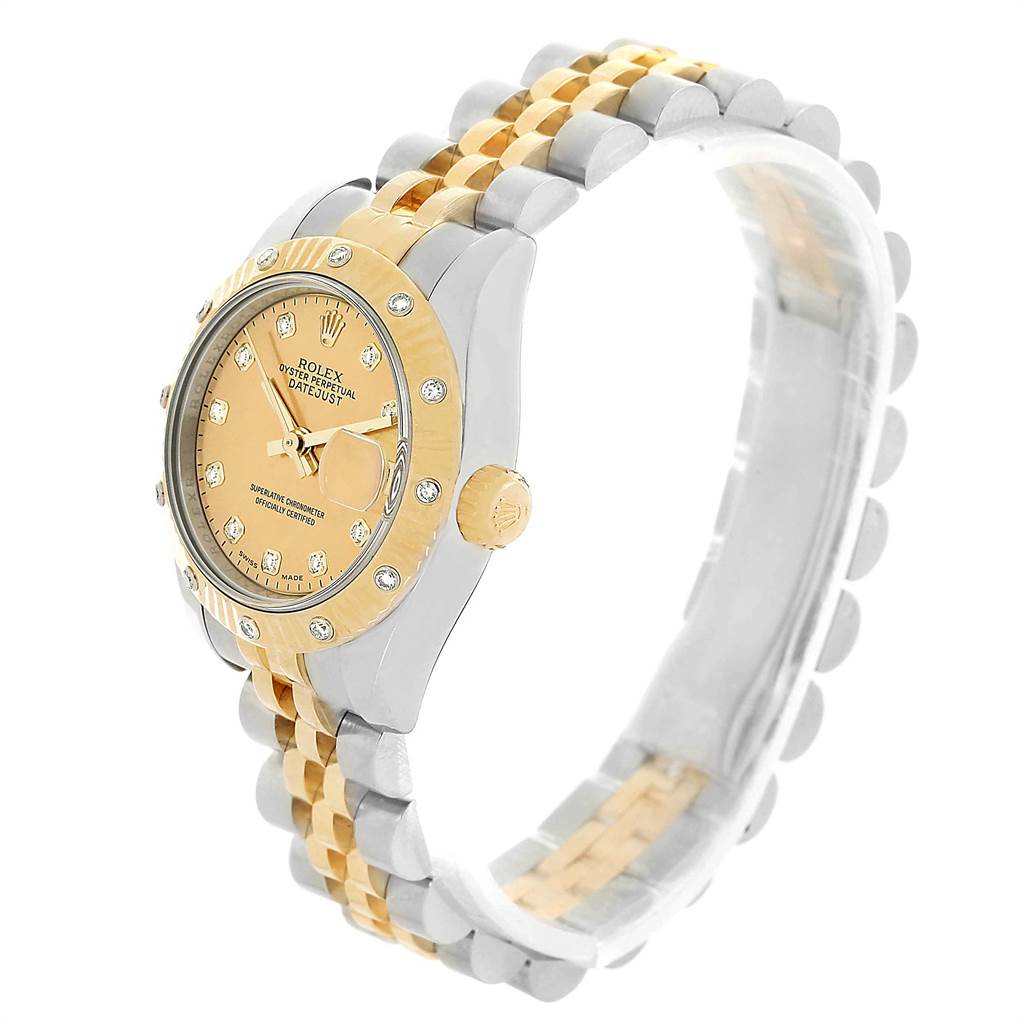 The image shows a side angle of a Rolex Datejust 179313 Women's Stainless Steel Champagne Dial 179313 Women's Stainless Steel Champagne Dial watch, highlighting its two-tone bracelet, case, and dial.