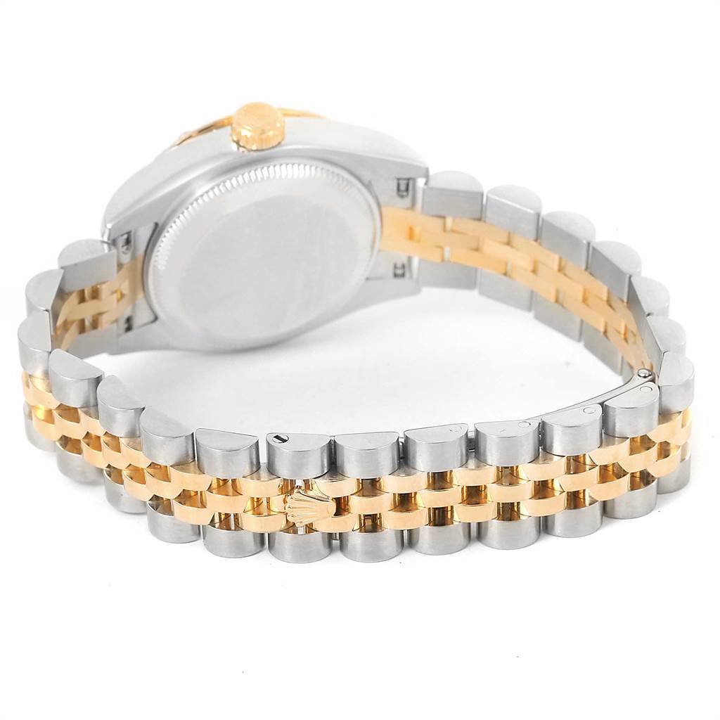 The image shows the case back and two-tone bracelet of a Rolex Datejust 179313 Women's Stainless Steel Champagne Dial 179313 Women's Stainless Steel Champagne Dial watch from a rear angle.