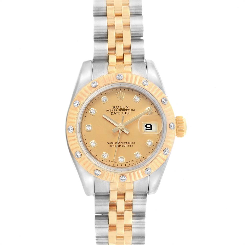 The Rolex Datejust 179313 Women's Stainless Steel Champagne Dial 179313 Women's Stainless Steel Champagne Dial watch is shown from a top-down angle, featuring its face, bezel, and bracelet.