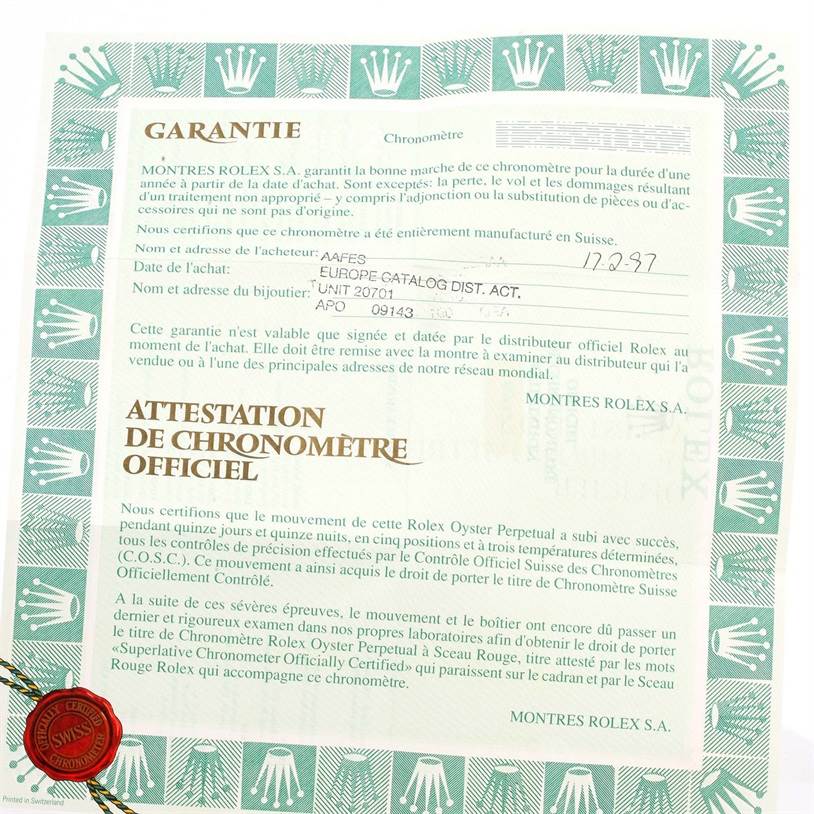 This document shows the official chronometer certification and warranty for a Rolex Datejust 69173 Women's Stainless Steel Blue Dial 69173 Women's Stainless Steel Blue Dial watch, including a seal and signature.