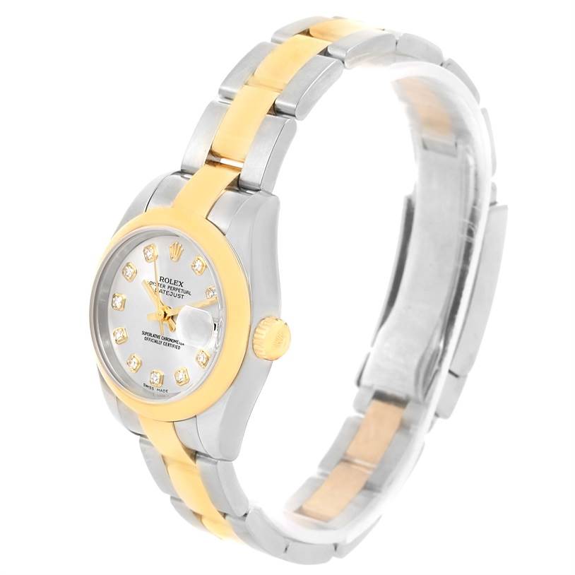 The image shows a Rolex Datejust 179163 Women's Steel and Gold (two tone) Silver Dial 179163 Women's Steel and Gold (two tone) Silver Dial watch at a side angle, highlighting the band, case, dial, and crown.