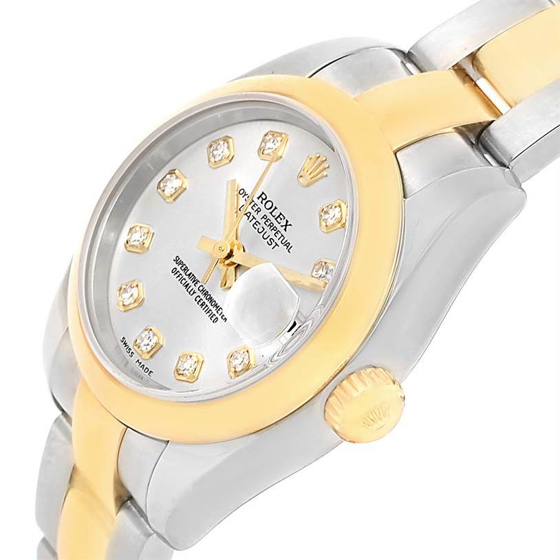 The image shows a close-up angle of a Rolex Datejust 179163 Women's Steel and Gold (two tone) Silver Dial 179163 Women's Steel and Gold (two tone) Silver Dial watch, highlighting the dial, crown, and part of the bracelet.