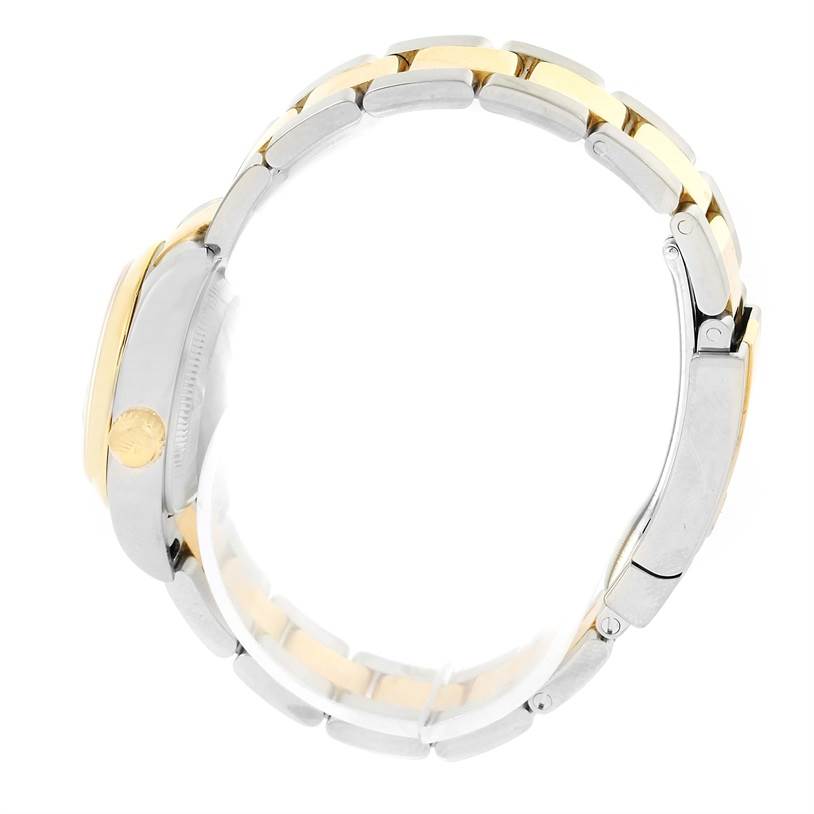 The image shows a side view of a Rolex Datejust 179163 Women's Steel and Gold (two tone) Silver Dial 179163 Women's Steel and Gold (two tone) Silver Dial watch, highlighting its two-tone bracelet and crown.