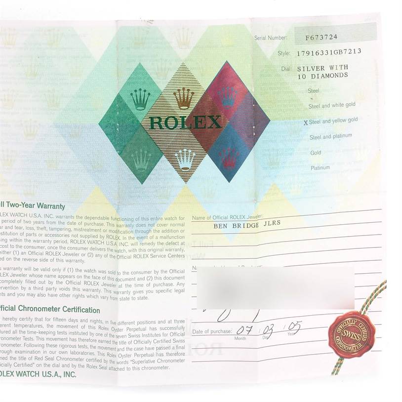 This image shows the warranty card and official documentation for a Rolex Datejust 179163 Women's Steel and Gold (two tone) Silver Dial 179163 Women's Steel and Gold (two tone) Silver Dial watch model.
