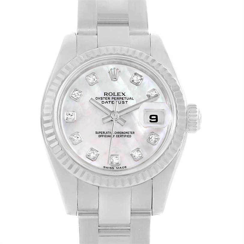 The image shows a front view of a Rolex Datejust 179174 Women's Stainless Steel Mother of Pearl Dial 179174 Women's Stainless Steel Mother of Pearl Dial watch, displaying its face, bezel, and bracelet.