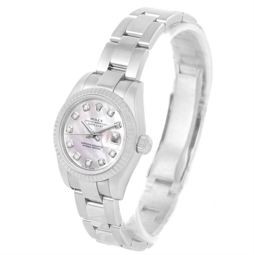 The image shows a Rolex Datejust 179174 Women's Stainless Steel Mother of Pearl Dial 179174 Women's Stainless Steel Mother of Pearl Dial watch at an angled view, displaying the watch face, bracelet, and crown.