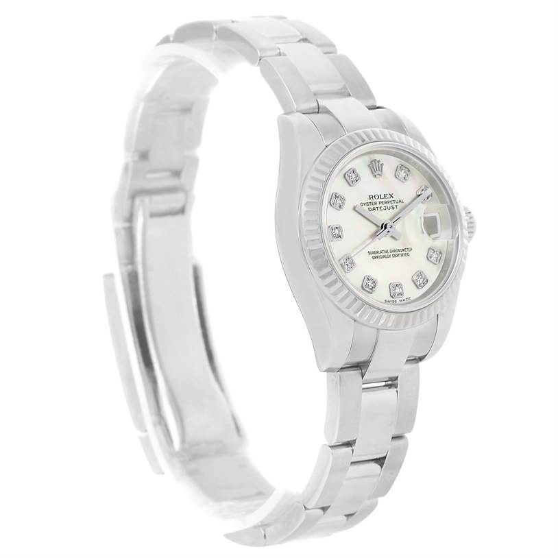 This image shows a side angle of a Rolex Datejust 179174 Women's Stainless Steel Mother of Pearl Dial 179174 Women's Stainless Steel Mother of Pearl Dial watch, highlighting the face and bracelet.