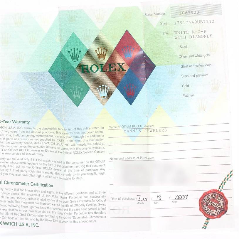 The document displayed is the warranty certificate for a Rolex Datejust 179174 Women's Stainless Steel Mother of Pearl Dial 179174 Women's Stainless Steel Mother of Pearl Dial model watch.