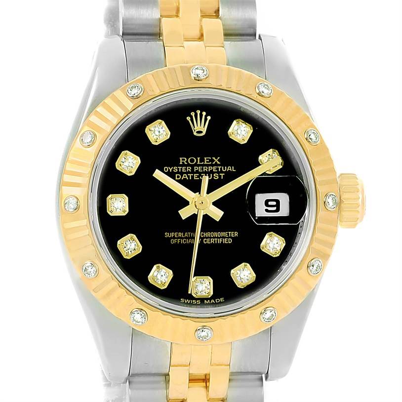 The image shows the front view of a Rolex Datejust 179313 Women's Black Dial 179313 Women's Black Dial watch, highlighting the dial, bezel, crown, and partial bracelet.