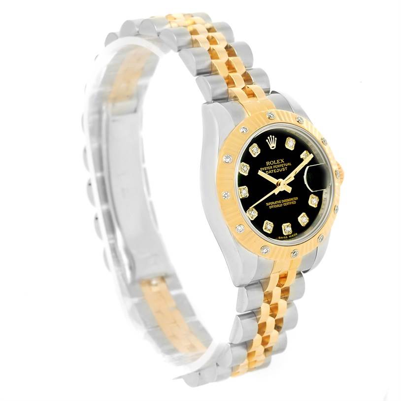 The image shows an angled side view of a Rolex Datejust 179313 Women's Black Dial 179313 Women's Black Dial watch, highlighting its two-tone bracelet, black dial, and diamond hour markers.
