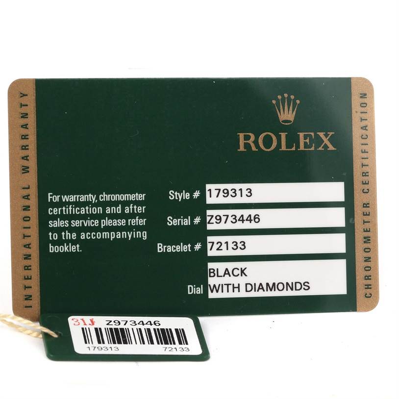 This image shows the warranty card for a Rolex Datejust 179313 Women's Black Dial 179313 Women's Black Dial model, indicating style, serial, and bracelet numbers along with dial details.