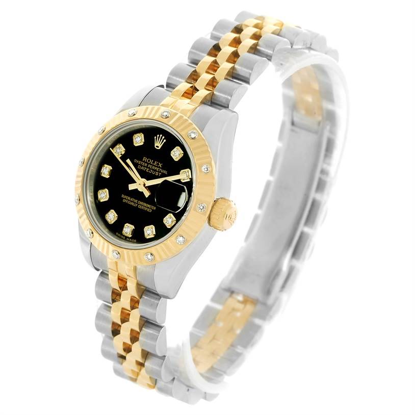 This image shows a Rolex Datejust 179313 Women's Black Dial 179313 Women's Black Dial watch from a left angle, highlighting its black dial, jubilee bracelet, and gold bezel.