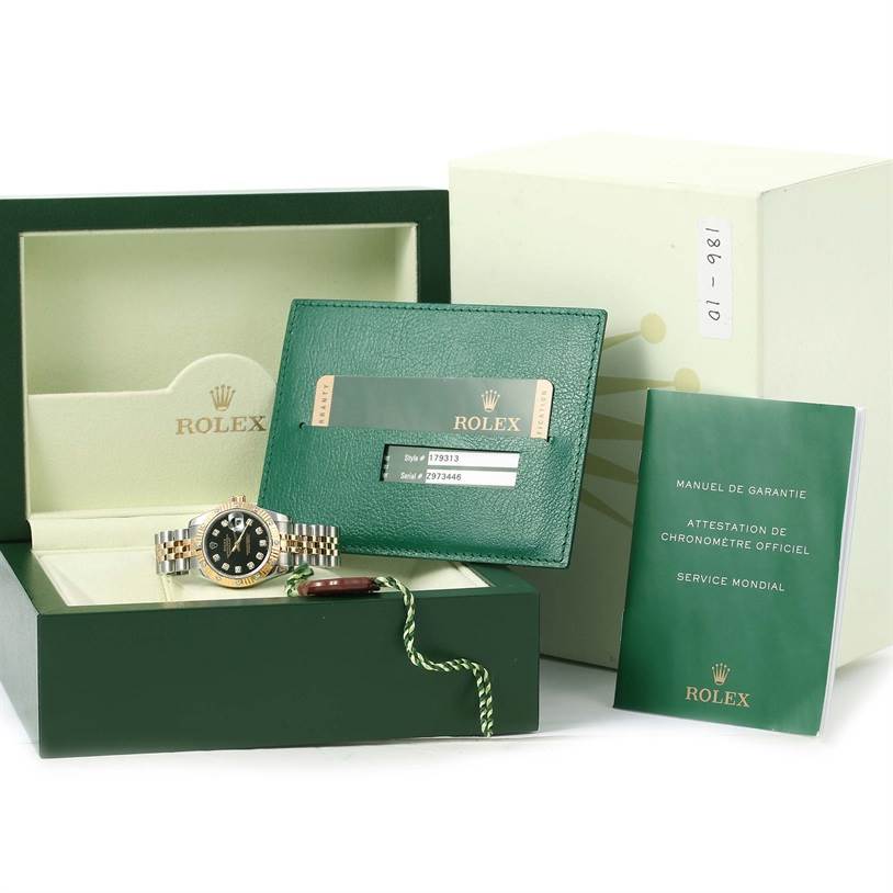 The image shows a Rolex Datejust 179313 Women's Black Dial 179313 Women's Black Dial watch with its box, warranty card, and manual.