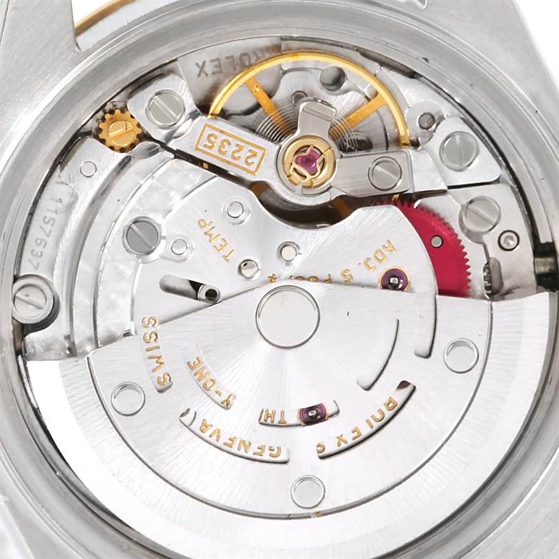 The image shows the intricate inner mechanical components of a Rolex Datejust 79173 Women's Stainless Steel Silver Dial 79173 Women's Stainless Steel Silver Dial model watch from a top-down angle.