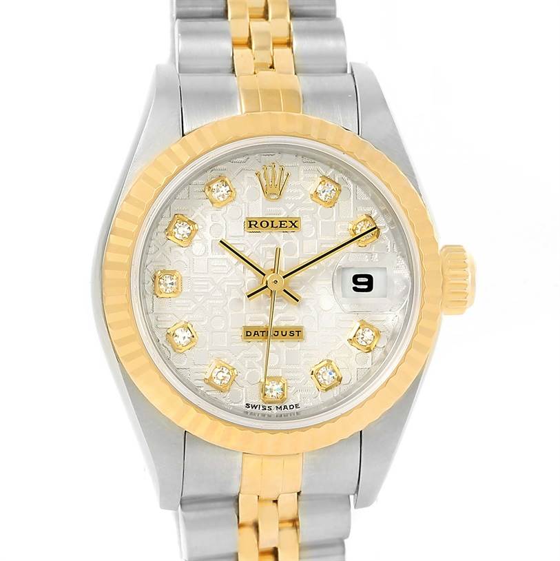 This image shows a Rolex Datejust 79173 Women's Stainless Steel Silver Dial 79173 Women's Stainless Steel Silver Dial watch from a front angle, featuring the dial, bezel, and part of the bracelet.