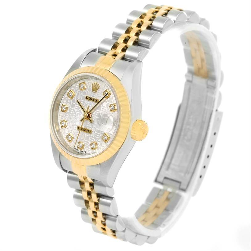 The image shows a Rolex Datejust 79173 Women's Stainless Steel Silver Dial 79173 Women's Stainless Steel Silver Dial watch at an angle highlighting the face, bezel, crown, and bracelet.