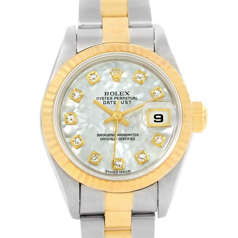 This is a close-up of the Rolex Datejust 79173 Women
s Stainless Steel Mother of Pearl Dial 79173 Women
s Stainless Steel Mother of Pearl Dial watch, showing the dial, bezel, and part of the bracelet.