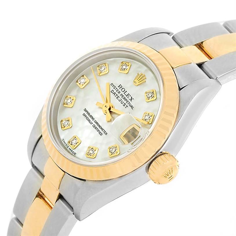 The image shows a close-up angle of a Rolex Datejust 79173 Women
s Stainless Steel Mother of Pearl Dial 79173 Women
s Stainless Steel Mother of Pearl Dial watch, featuring the dial, bezel, crown, and part of the bracelet.
