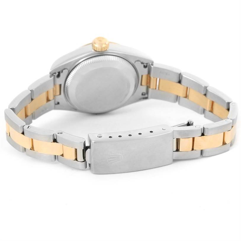 The image shows the case back, crown, and bracelet of a Rolex Datejust 79173 Women
s Stainless Steel Mother of Pearl Dial 79173 Women
s Stainless Steel Mother of Pearl Dial watch from an underside angle.