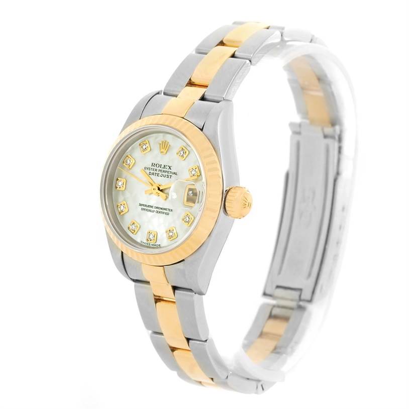 This image shows a Rolex Datejust 79173 Women
s Stainless Steel Mother of Pearl Dial 79173 Women
s Stainless Steel Mother of Pearl Dial watch at a three-quarter angle, highlighting the face, bezel, and part of the bracelet.