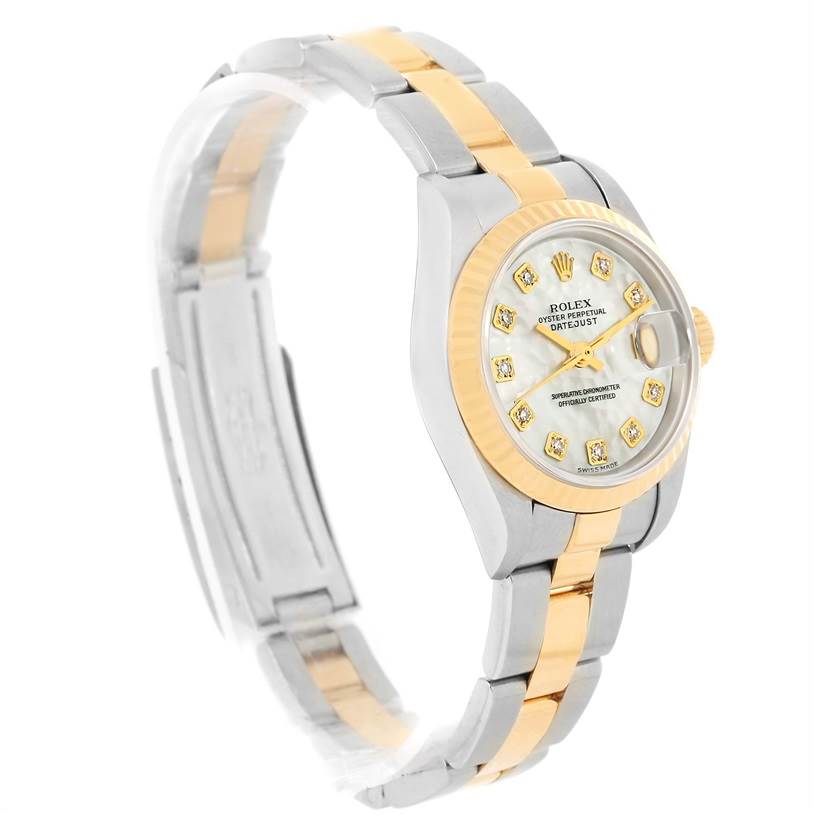 The image shows a side angle of the Rolex Datejust 79173 Women
s Stainless Steel Mother of Pearl Dial 79173 Women
s Stainless Steel Mother of Pearl Dial watch, highlighting its two-tone bracelet and diamond-accented dial.