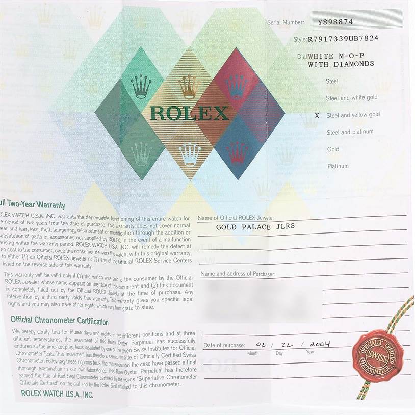 This is the certification and warranty paperwork for a Rolex Datejust 79173 Women
s Stainless Steel Mother of Pearl Dial 79173 Women
s Stainless Steel Mother of Pearl Dial watch, detailing the serial number, model, and specifications.